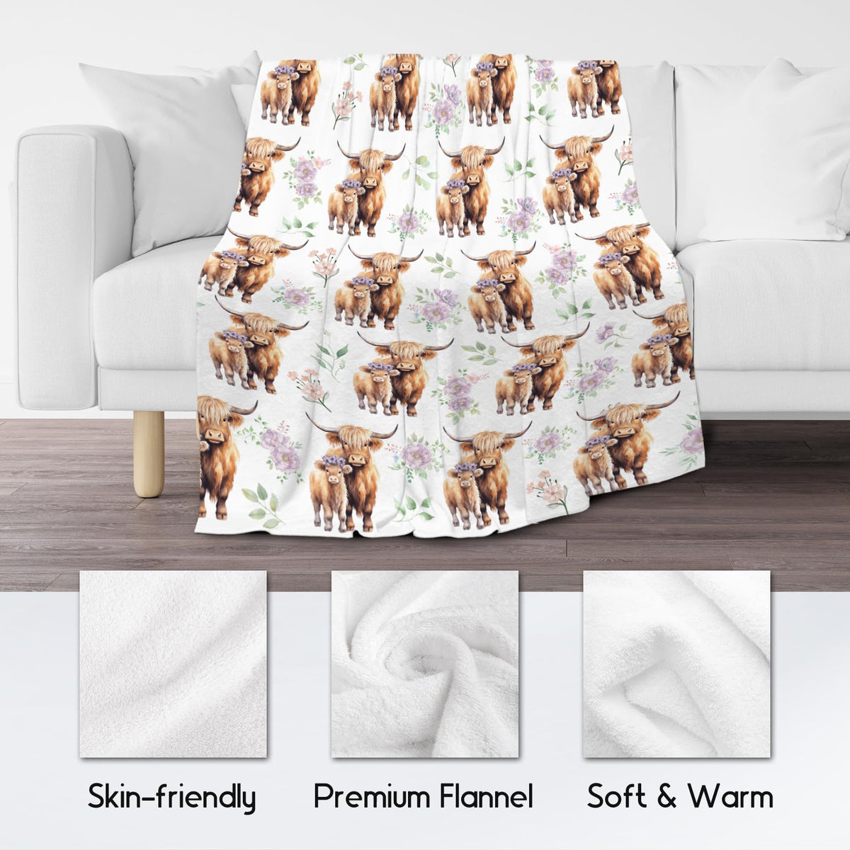 Highland Cow Blanket for Kids, Cozy Soft Throw Gifts, Cute White Flannel Throw Blankets for Couch Office, 30x40 Inches