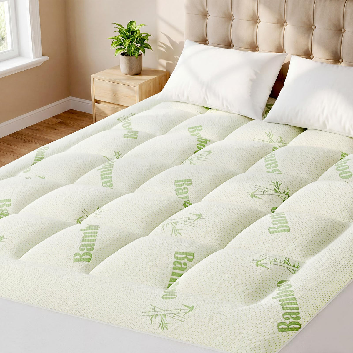 Sweetcrispy Ultra Soft Mattress Topper Queen Size - Viscose Made from Bamboo Pillow Top Mattress Pad for Breathable Cooling & Back Pain Relief, Deep Pocket Comfort Bed Topper, Green