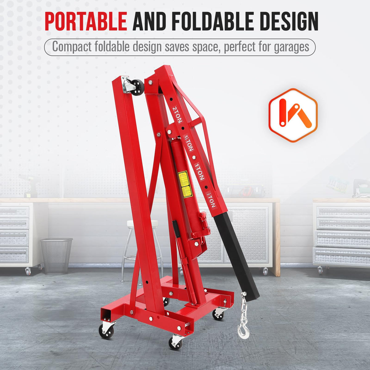 EliteEdge 2 Ton Hydraulic Engine Hoist, 4400LB Folding Cherry Picker Shop Crane Hoist Lift with 6 Casters & Telescopic Boom for Lifting Motor, Garage, Workshop and Factory, Heavy Duty, Red