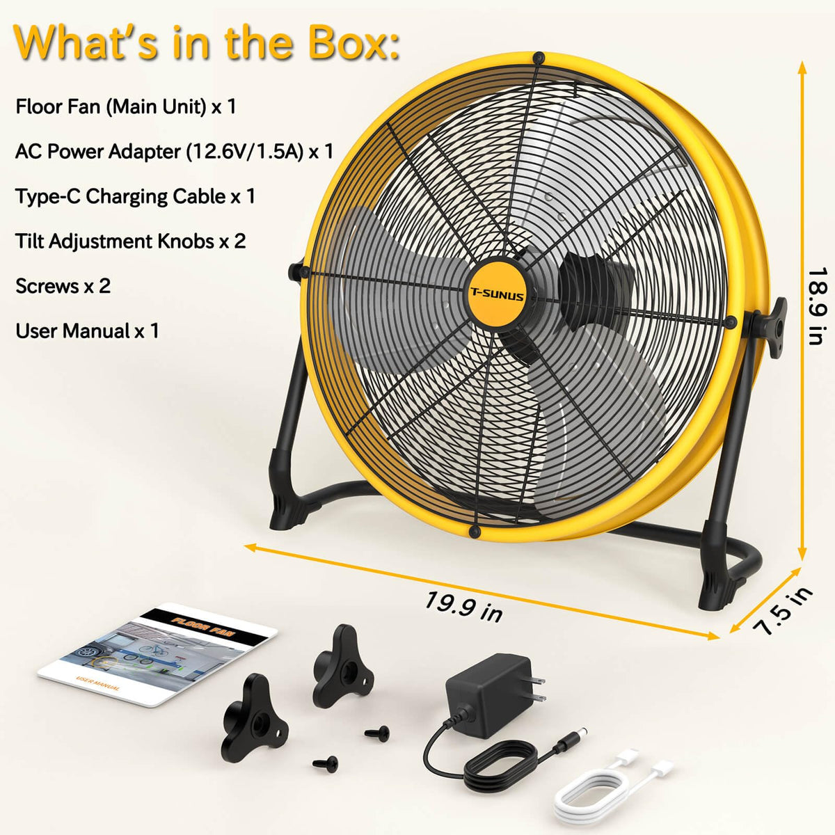 T-SUNUS 16" Battery Powered Floor Fan, 15600mAh Rechargeable Cordless Fan 2500 CFM High Velocity Airflow, Quiet Brushless Motor, 360° Adjustable Tilt for Home Garage Outdoor Patio RV Emergency Camping