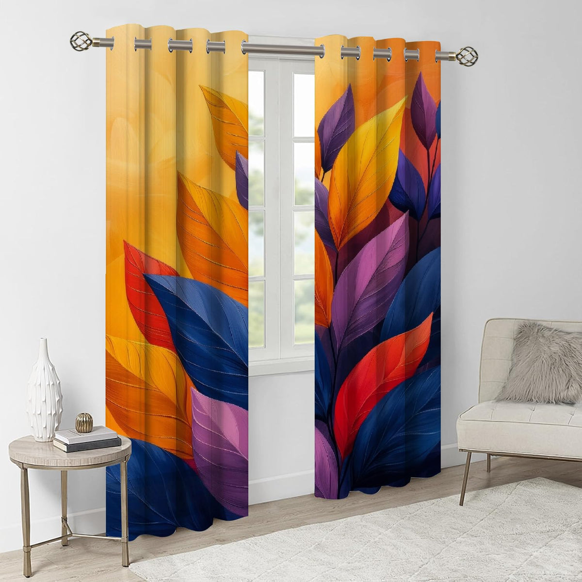 Colorful Plant Leaves Blackout Curtains, Yellow Brown Background Window Curtain Set of 2 Panels, 3D Printed Darkening Thermal Insulated Drapes for Bedroom Home Living Room(52" W x 84 "L)