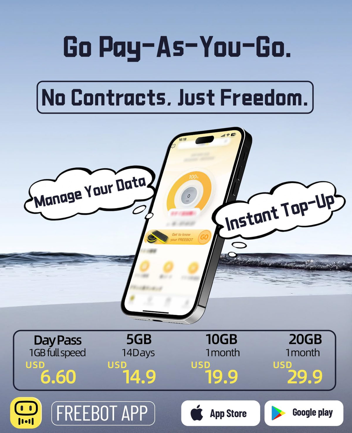 FREEBOT Mobile Hotspot - 4G LTE Portable WiFi for Travel in 150+ Countries, Pocket WiFi Router 10-Device, 5000mAh Battery & No Contract/SIM, 5GB Global (90 Days) for Business, Trips & Outdoors