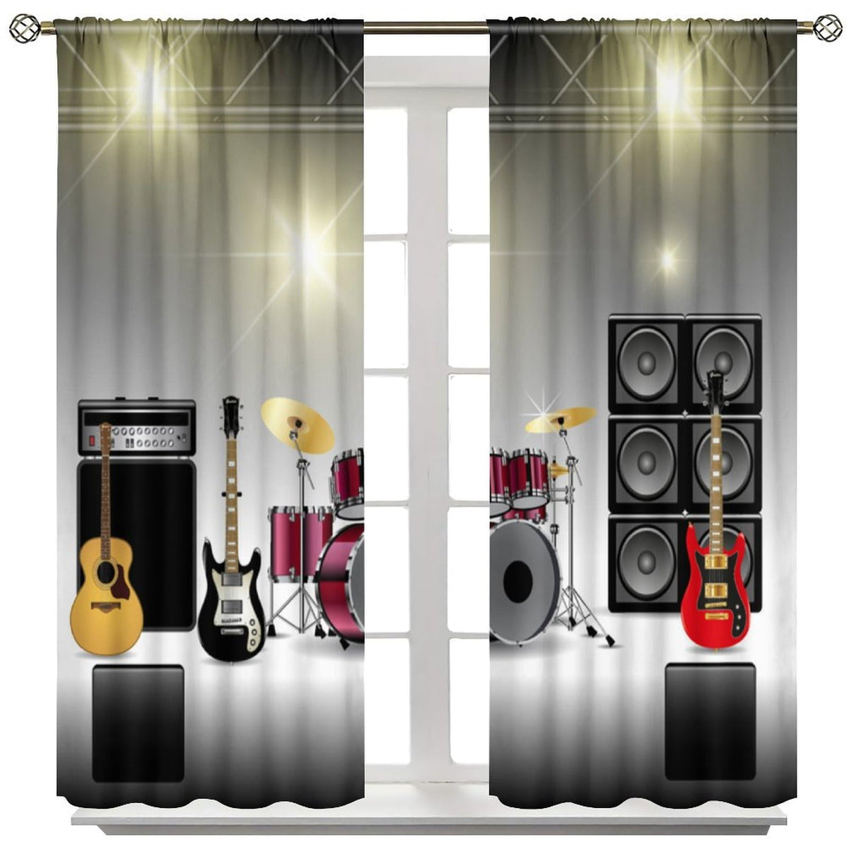 Djaby Rock Music Curtains, Teens Boys Electronic Musical Instrument Curtain Guitar Drum Speaker Window Drapes for Bedroom Living Room 42" W X 45" L(No Blackout)