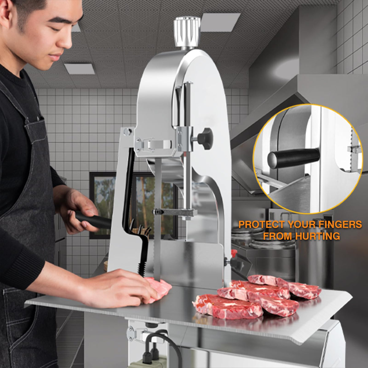 1500W Electric Bone Saw Machine Commercial Electric Meat Bandsaw for Butchering, 18.8" x 14.9" Workbench, 0.4-7.1 Inch Cutting Thickness, Table Sawing for Cutting Rib, Frozen Meat with 5 Saw Blades