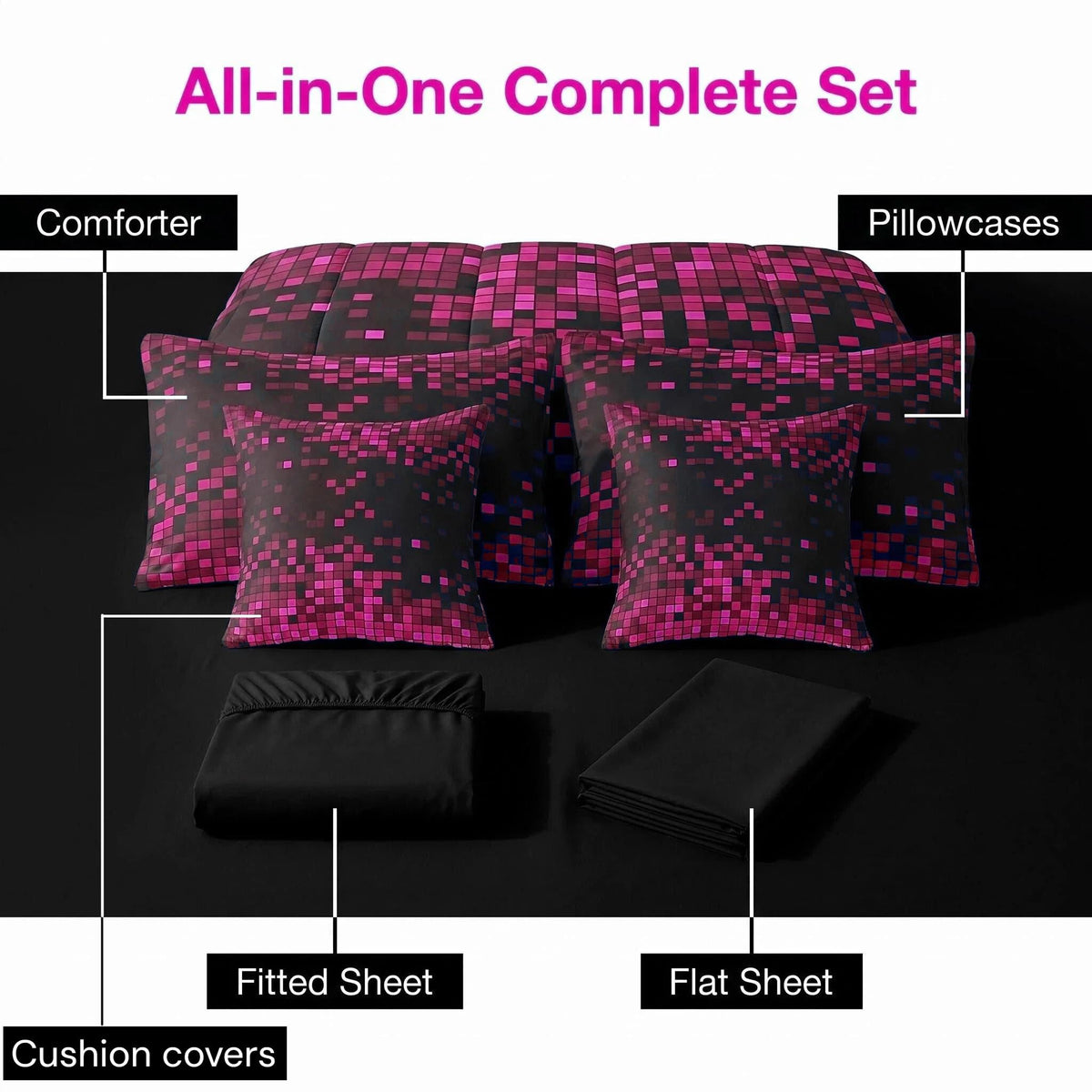 Feelyou Pink Black Gradient 8-bit Pixel Twin Comforter Set with Sheets for Kids Boys Girls Nostalgic Gamer 7 Pieces Bedding Set Retro Pixel Bed in a Bag Gaming Room Decor Room Decor Microfiber
