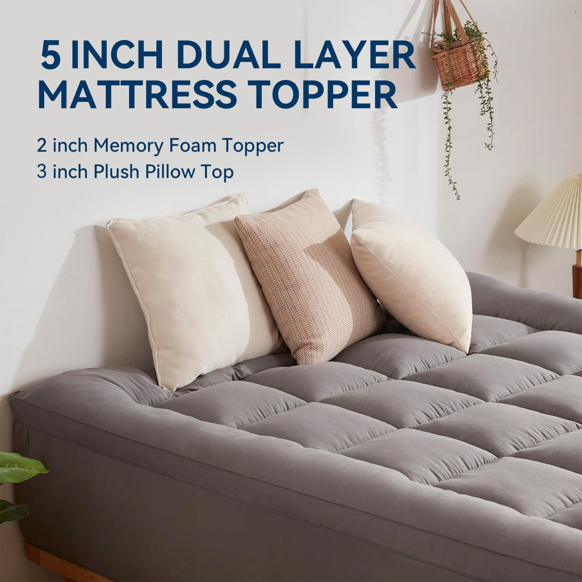 BDEUS Dual Layer 5 Inch Memory Foam Mattress Topper Twin XL Size for Dorm Room, 2 Inch Gel Memory Foam Plus 3 Inch 1450 GSM Pillow Top Mattress Pad Cover,Dark Gray