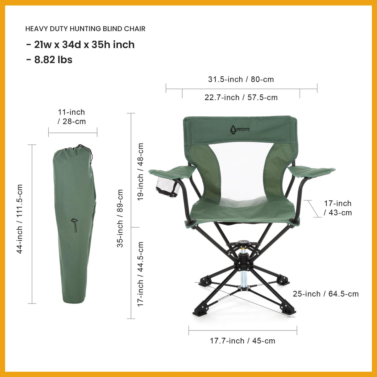 ARROWHEAD OUTDOOR 360° Degree Swivel Hunting Chair Stool Seat, Perfect for Blinds, No Sink Feet, Supports up to 450lbs, Carrying Case, Steel Frame, Fishing, High-Grade 600D Canvas, USA-Based Support