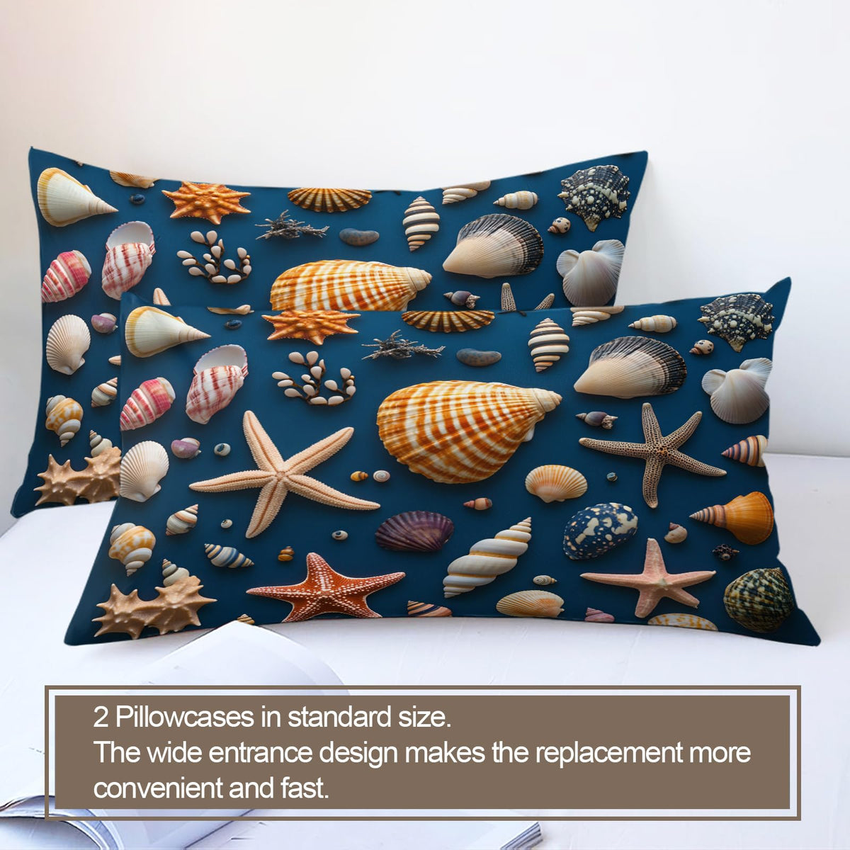 PAISUOQ Ocean Duvet Cover King, Deep Ocean Blue Comforter Cover with Zipper Ties, Shells & Starfish Bedding Set, 3 Pieces with 2 Pillow Cases, Home Decor & Gifts