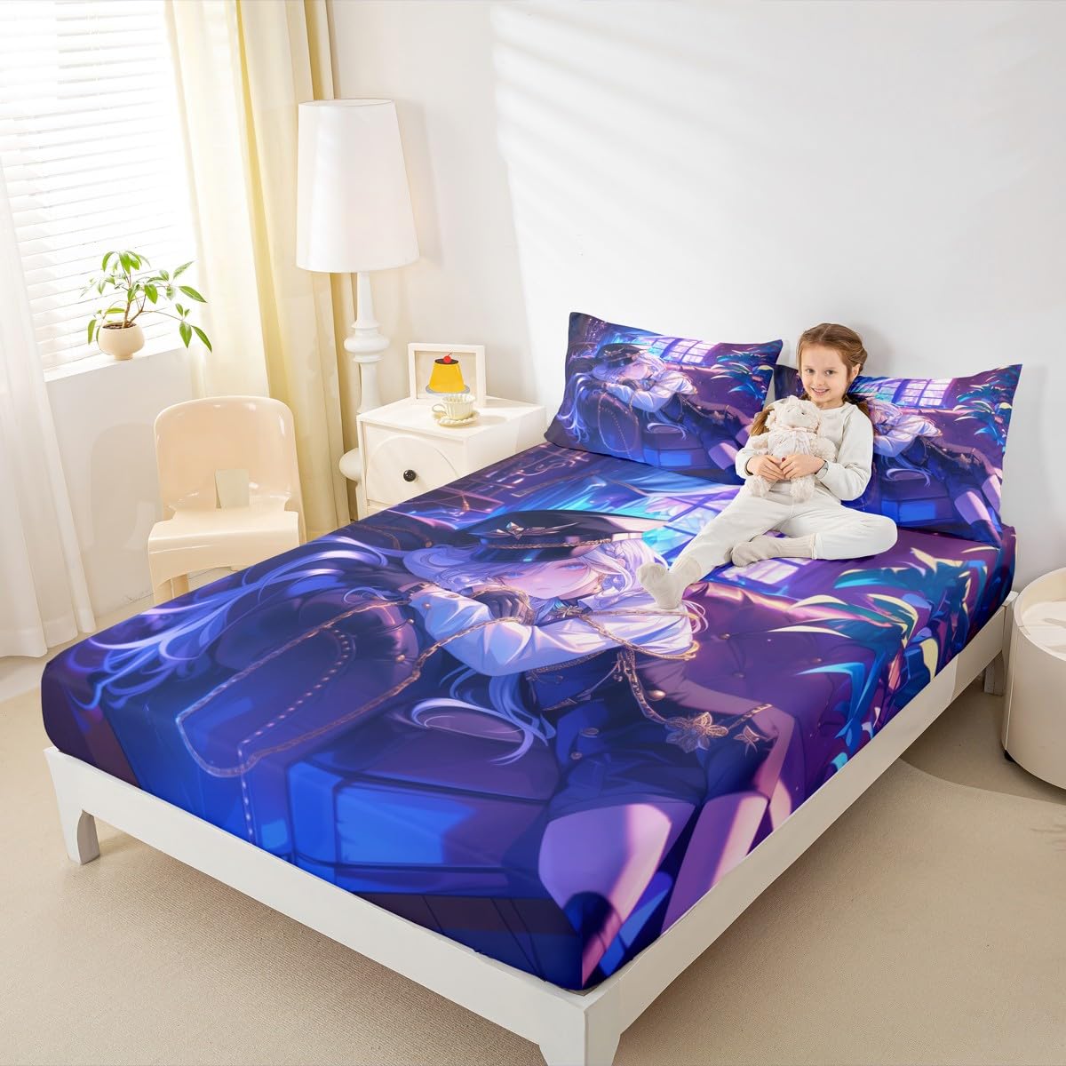 Erosebridal Anime Girl Fitted Sheet Twin Size Japanese Anime Bed Sheets for Kids Boys Teens Women Bedroom Decor, Cartoon Girl Bedding Set Japanese Animation Kawaii Sheets, Purple