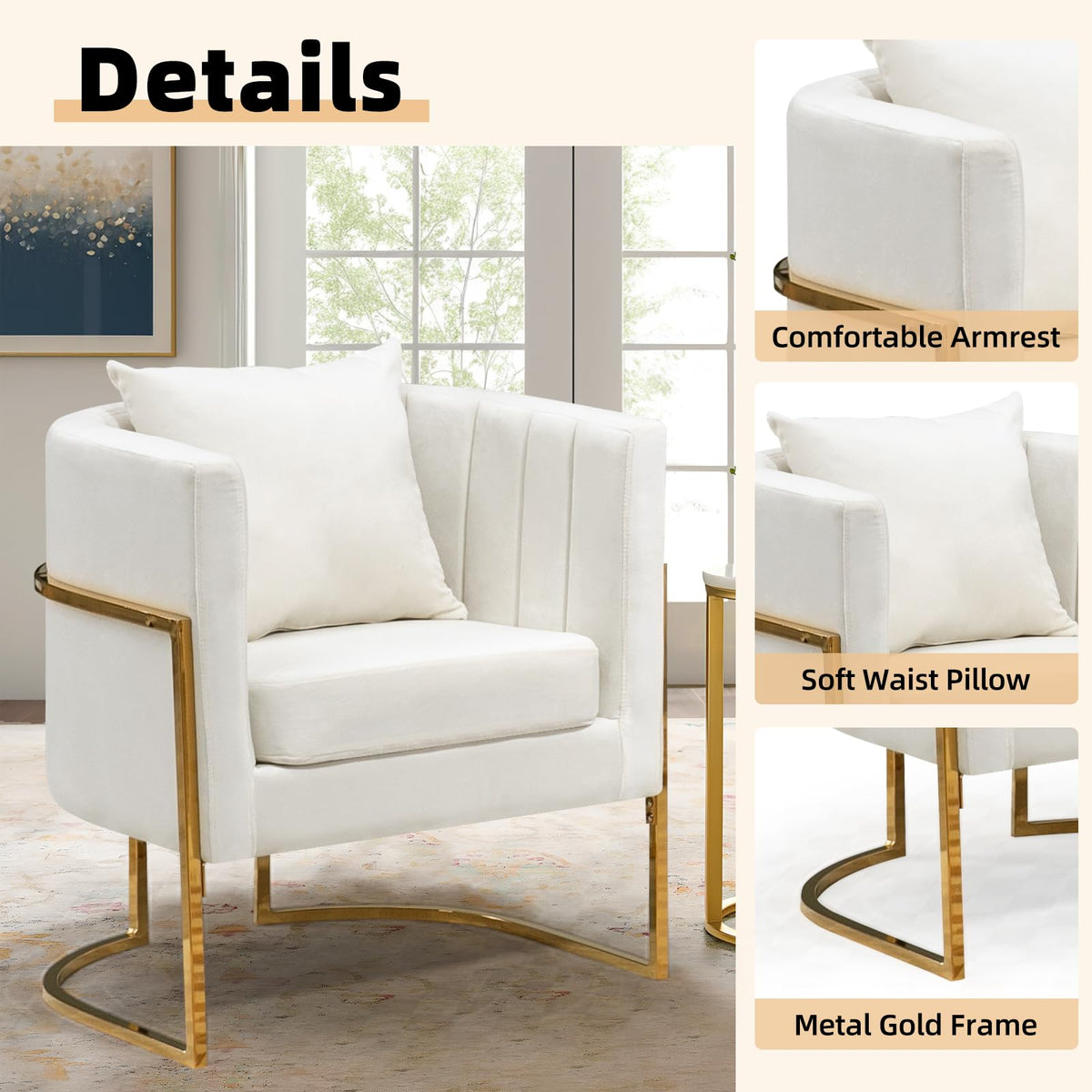Newnno Velvet Accent Chairs Set of 2, Mid Century Modern Upholstered Barrel Armchair with Pillow for Living Room, Comfy Single Club Chair with Metal Gold Legs for Bedroom, White