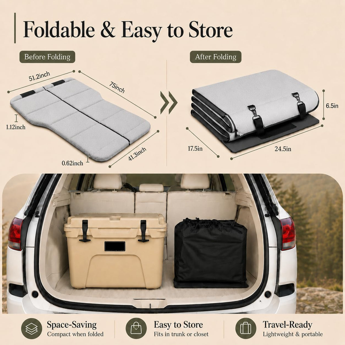 MGRFTOX Car Mattress for Subaru Forester 2019-2024 Non-Inflatable Car Camping Mattress, Foldable Trunk Sleeping Pad with Split Design, Portable Car Bed for Road Trips, Camping, Travel
