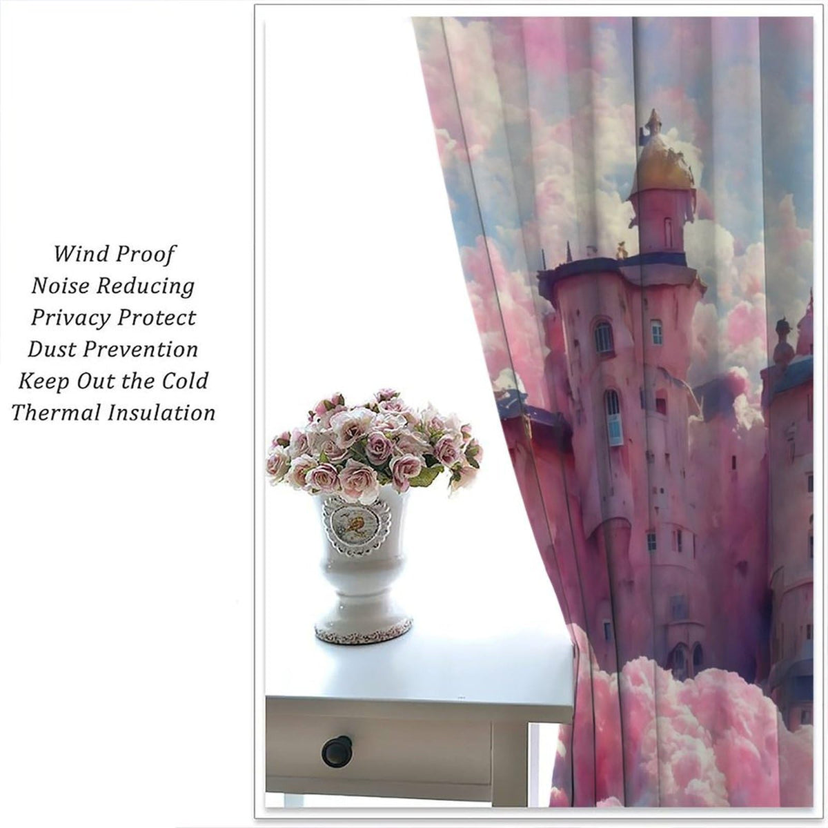 Pink Castle Curtains For Girls Colorful Cartoon Dream Magic Fairy Tale Word Castle Pattern Rod pocket Window Treatments for kids room Nursery Living Room 2 Panels Set 41x 45 in （No Blackout）