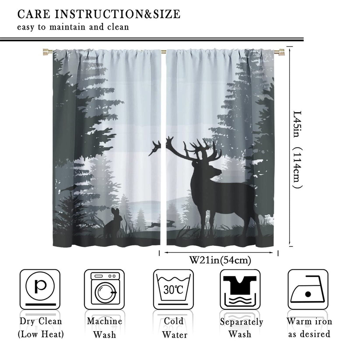 Deer Blackout Curtain,Misty Forest Rustic Wildlife Moose Mountain Elk Rabbit Pine Forest Silhouette Window Curtains Bedroom Living Room Insulated Window Drapes,2 Panels W42 xL45