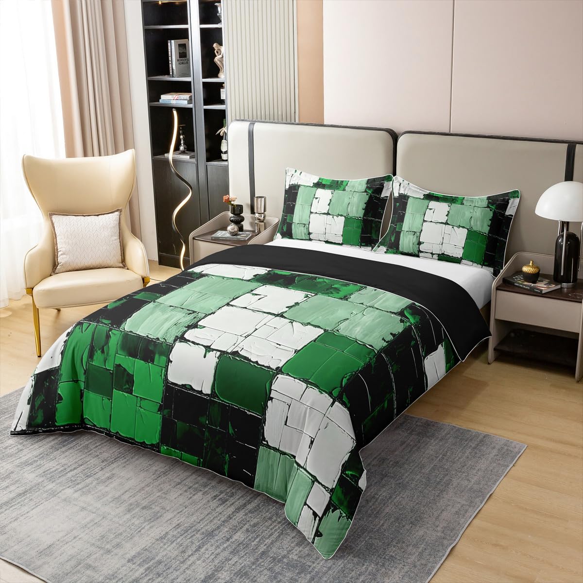 jejeloiu Green Black Abstract Duvet Cover 100% Cotton Geometric Minimalist Square Bedding Set King Size for Kids Boys Girls Modern Abstract Art Comforter Cover（No Comforter）