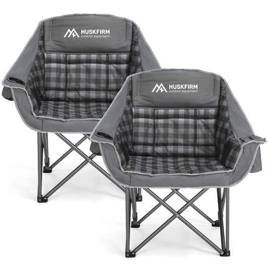 Huskfirm 2 Pack Camping Chairs Oversized Padded Camping Chair Heavy-Duty Foldable Camping Chairs with Cup Holder and Cooler Bag Portable Lawn Chair for Sports Outdoors-Support 450LBS, Grey