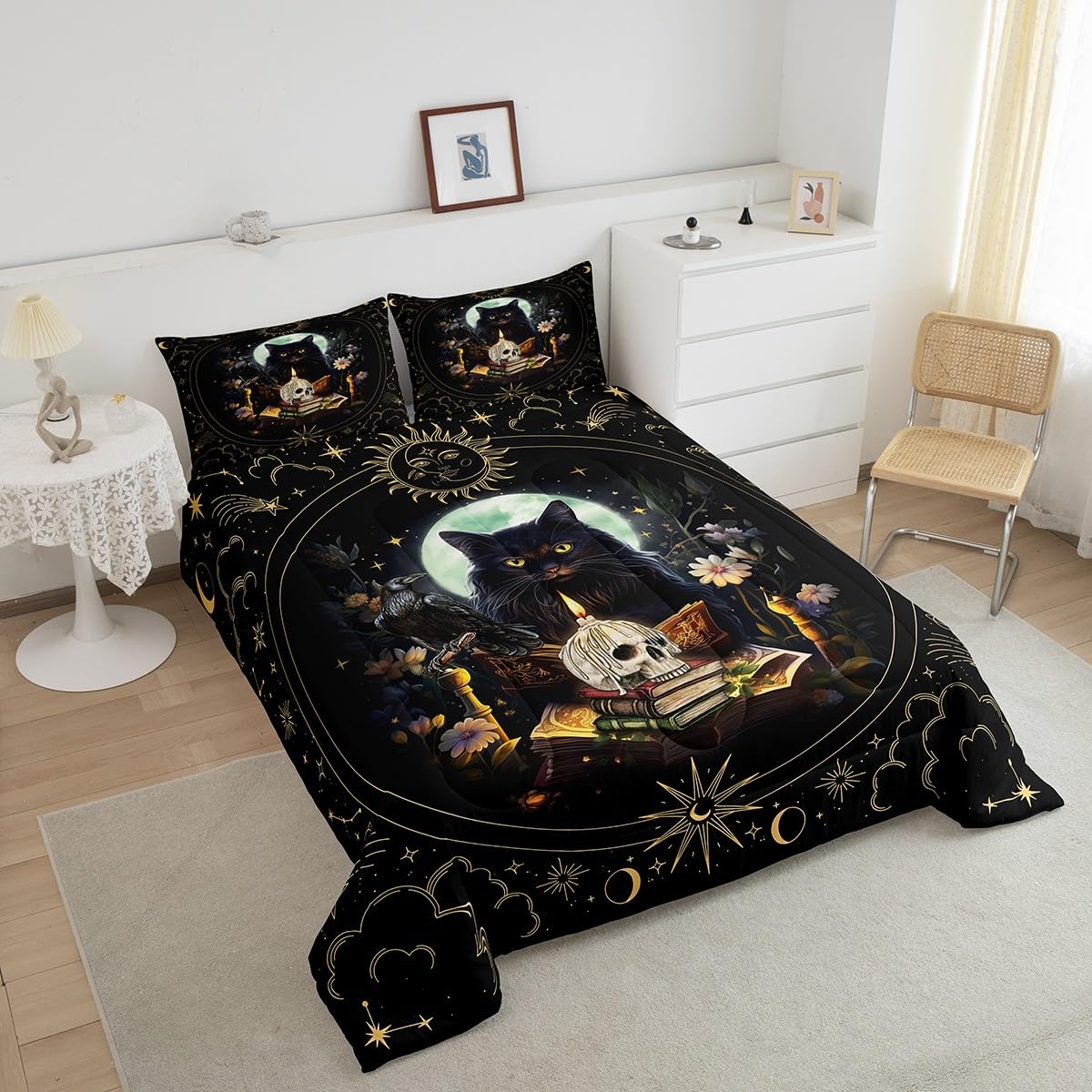 Trippy Cat Comforter Set Queen Size,Sun and Moon Kids Bedding Set Gothic Sugar Skull Crow Print Quilt Set for Girls Boys Adult Room Decor,Exotic Daisy Floral Duvet Insert,2 Pillowcases,Black
