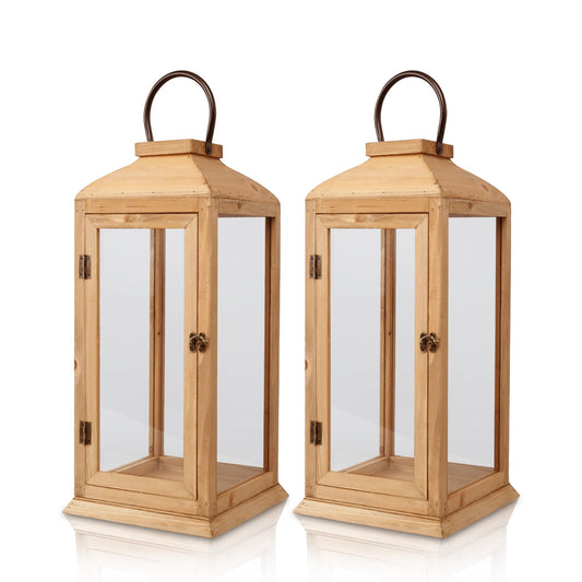 2 Pack Extra Large Lanterns Decorative - 27.5in Rustic Wood Lantern with Metal Handle, Decorative Lantern for Home Indoor Outdoor Decor Farmhouse Porch Wedding, IP65 Waterproof (Candle Not Included)