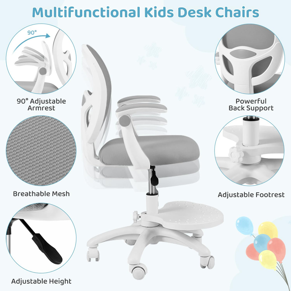 HOMMOW Kids Desk Chair,Ergonomic Kids Study Chairs with Adjustable Height,Breathable Mesh Removable,Non-Slip Footrests,Suitable for Children Aged 5-12 Years Old,Gray