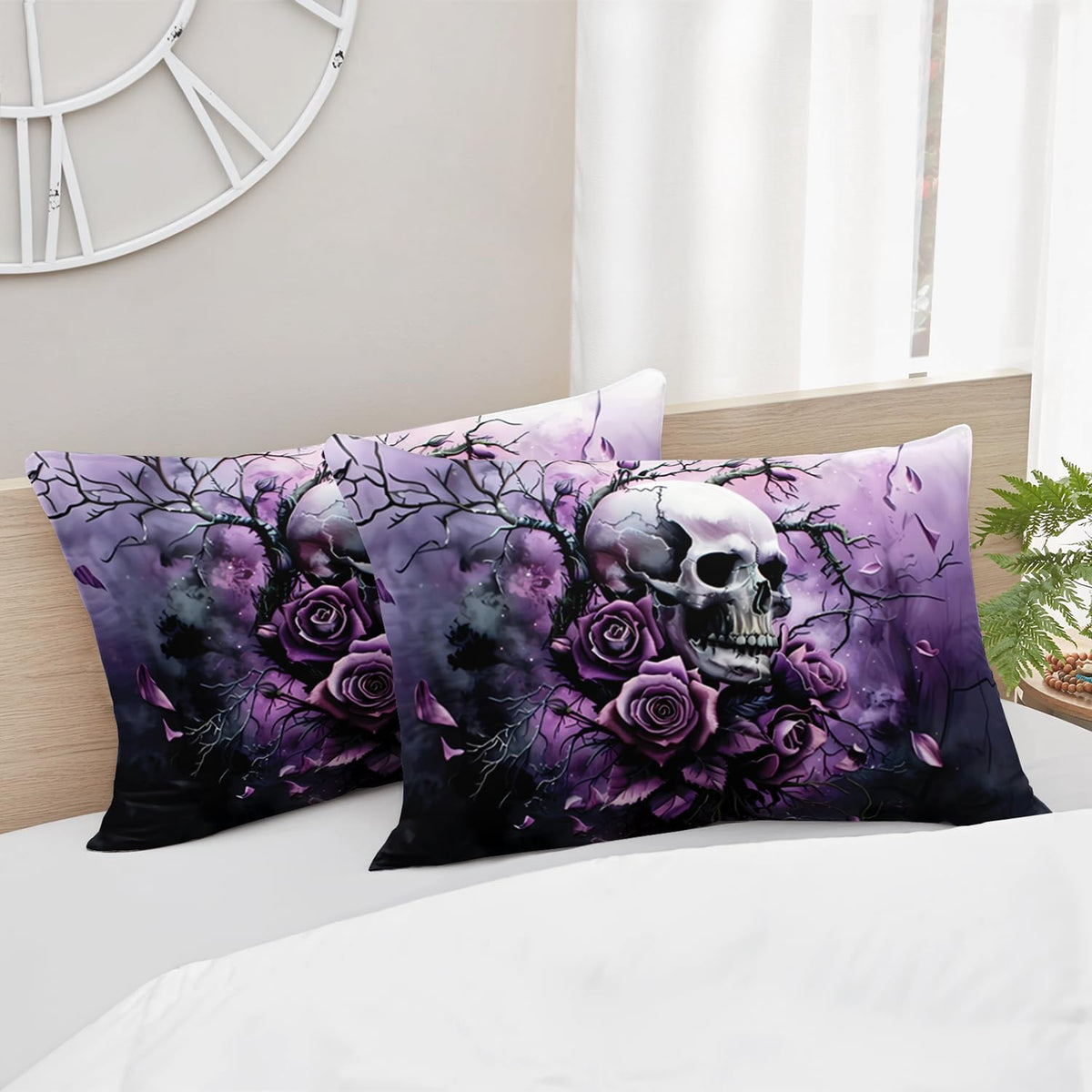 HOSIMA Death Skull Fitted Sheet Full,Skull Surrounded by Flowers Print Gothic Bedding Set,Branch Pattern Horror Themed Halloween Bedding for Boys Girls Room Decor,1 Fitted Sheet+2 Pillowcases.