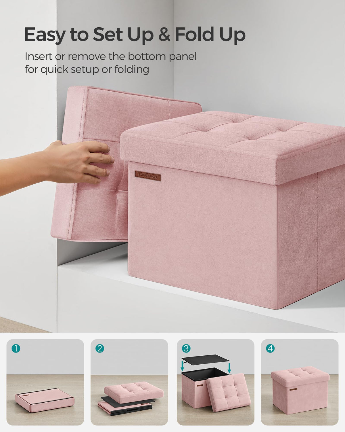 SONGMICS Storage Ottoman, Foldable Small Ottoman Foot Rest, 12.2 x 16.1 Inches Foot Stool, Load up to 286 lb, for Living Room, Bedroom, Dorm, Jelly Pink ULSF200R01