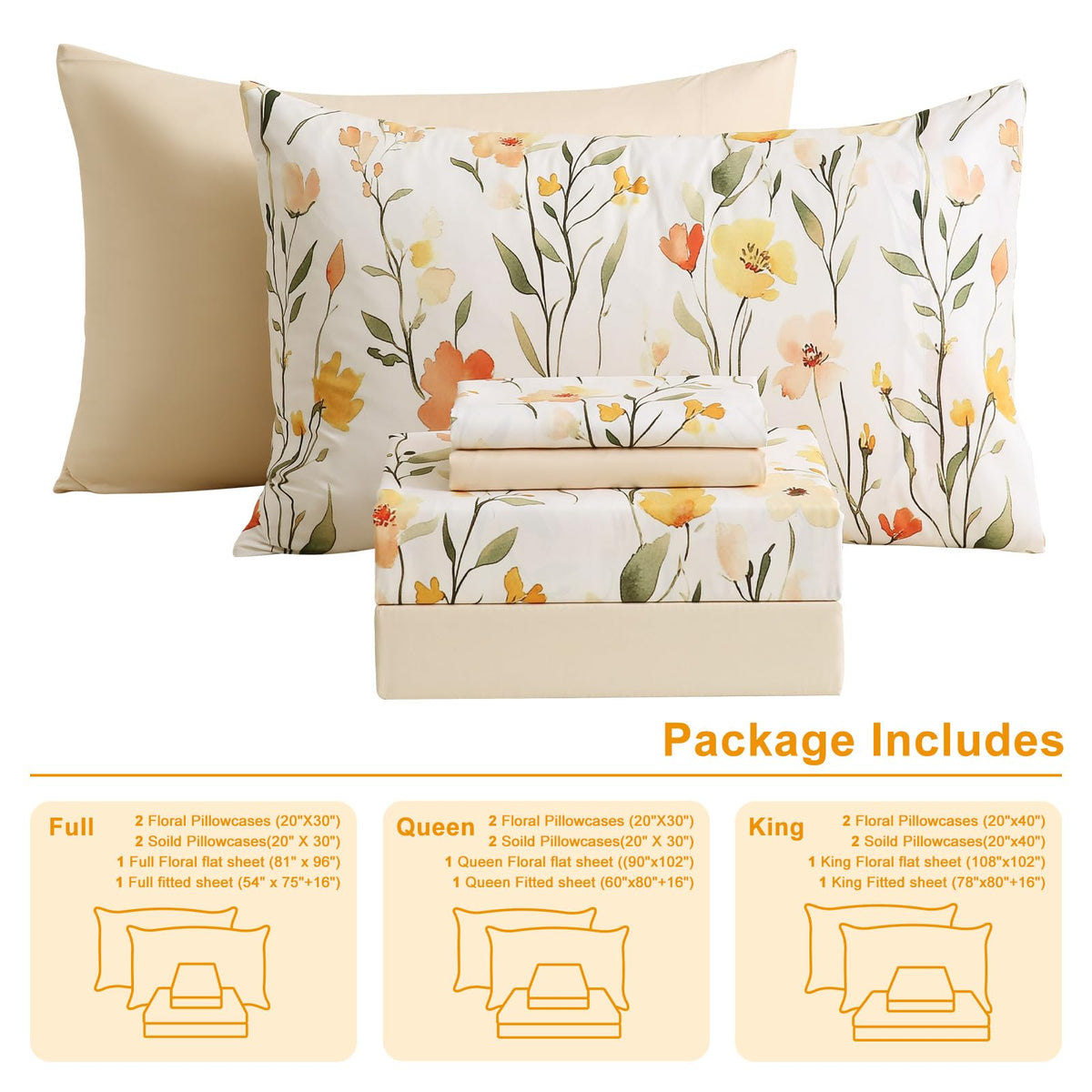 Botanical 6-Piece King Size Sheets Set, Boho Floral Print Brushed Microfiber Sheets, Cooling Bed Sheet Set, Ultra Soft & Breathable, 16' Deep Pocket Fitted Sheet & Pillowcase Set, Beige Floral
