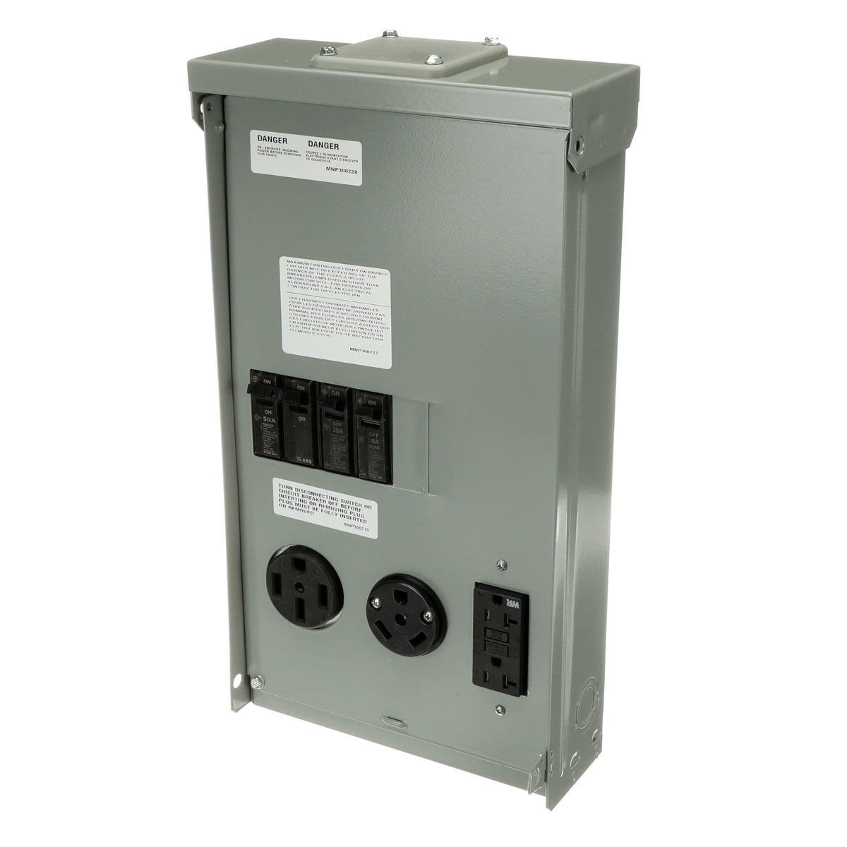 MIDWEST U075CTL010 • Weatherproof RV Power Centre • 100A Twin Lugs • Unmetered N3R Power Supply • Surface Mounted • 10kAIC • 50A/30A/20A breakers with 14-50RWR • TT-30RWR • 5-20R2GFCIWR Receptacles