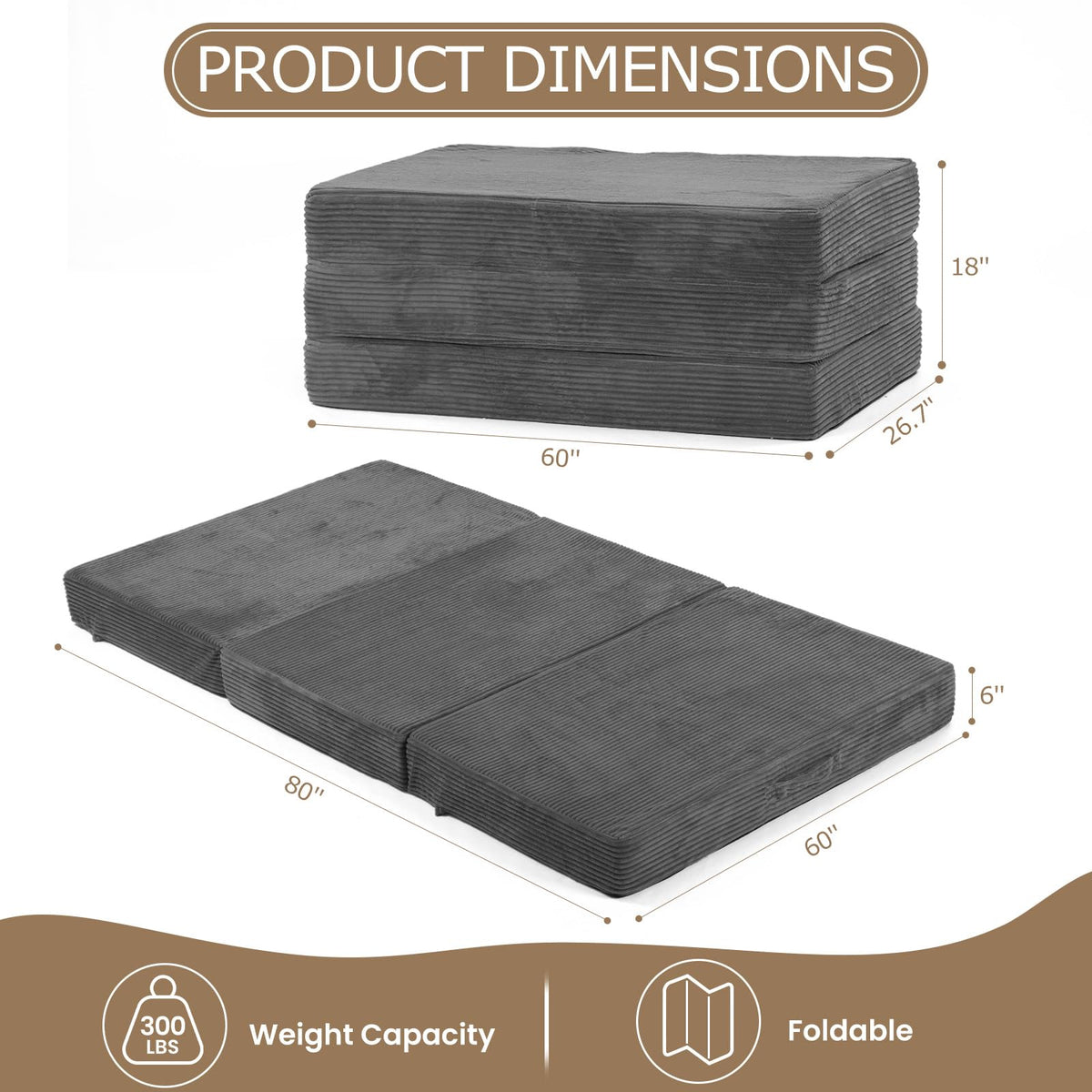feliz home 6-Inch Tri-Folding Mattress Queen Size - Foldable Futon Sofa Bed with Removable Washable Cover, Folding Futon Mattress | Non-Slip Bottom & Carry Handles for Guest, Camping, Dorm