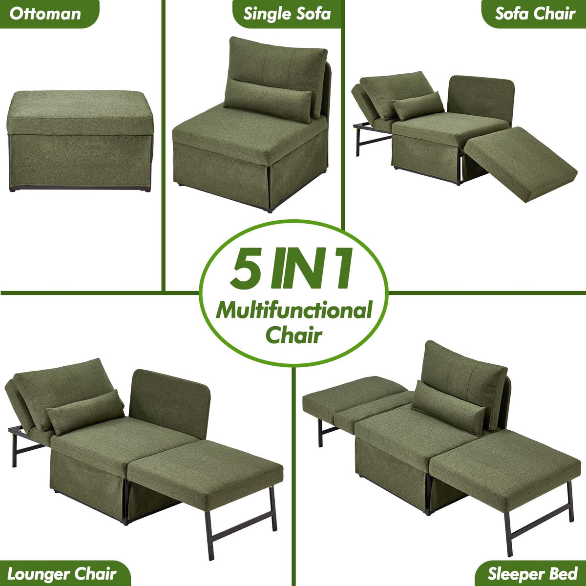 ZZW Sleeper Chair Bed Upgrade 4-in-1 to 5-in-1 Convertible Multi-fuction Sofa Chair w/Adjustable Backrest Assembly-Free Linen Folding Sofa Ottoman Bed for Living Room Apartment (Deep Green)