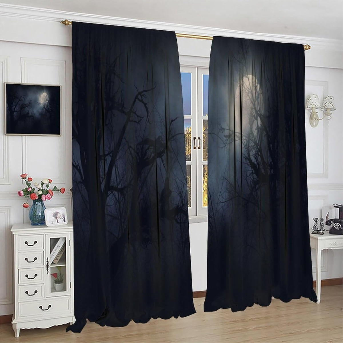 HZOHNAGO Gothic Curtains Rustic Gloomy Misty Crow Branch Moon Blackout Print Rod Pocket Window Drapes for Bedroom Living Room 42x45in