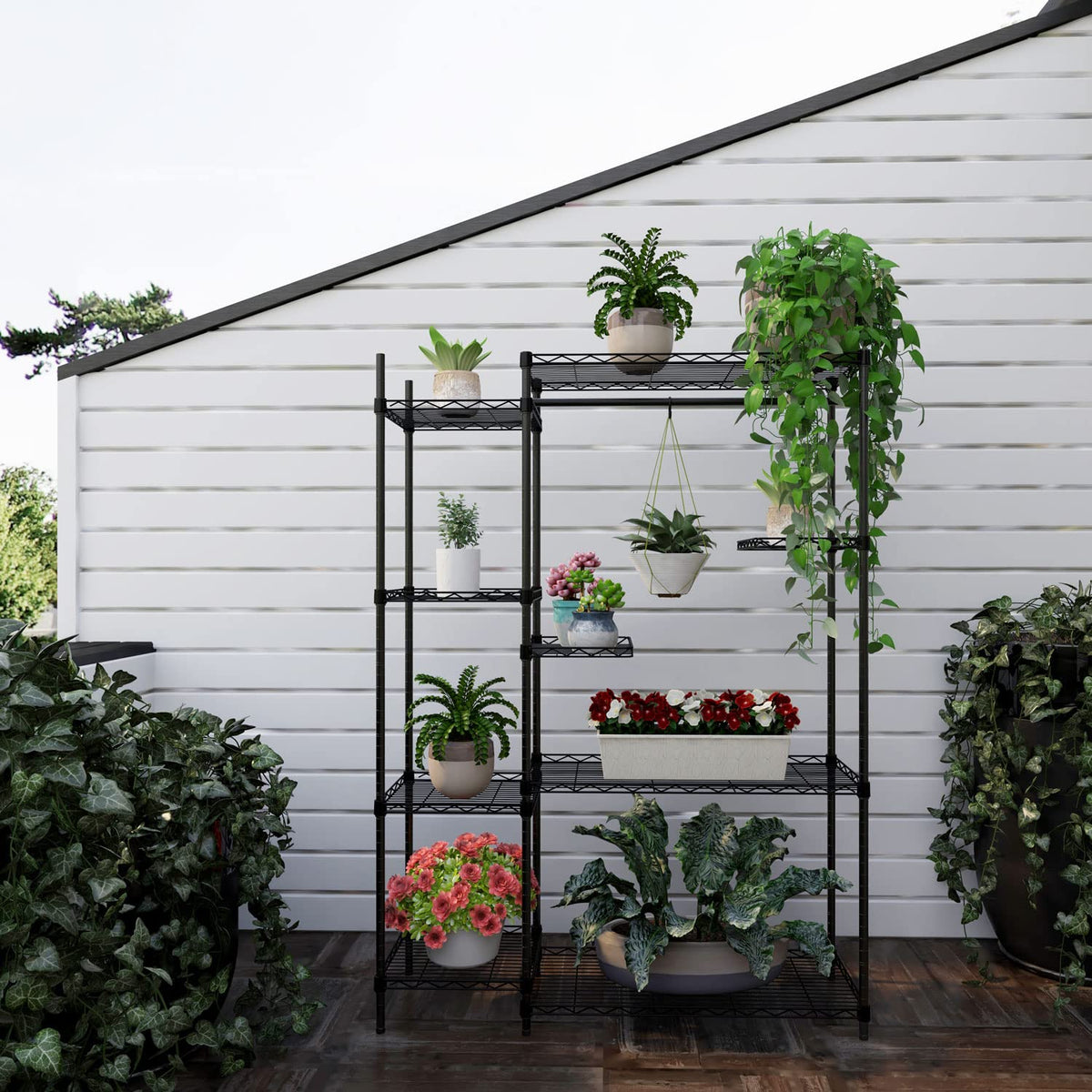 Xiofio Plant Stands for for Indoor Outdoor, Heavy Duty Metal Plant Stand,large Plant Shelf,Adjustable Plant Shelves With Hanging Rod for Living Room,Balcony,Garden,Black