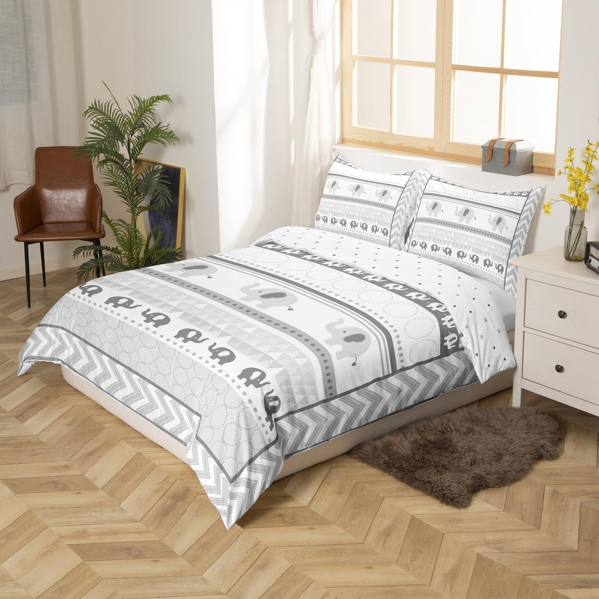 Kids Gray Elephant Duvet Cover Twin Size,Cartoon Cute Animals Print Comforter Cover Set for Kids Boys Girls,Geometric Grid Stripes Arrow Circle Bedding Quilt Cover Set Bedroom Decor, 2 Pieces