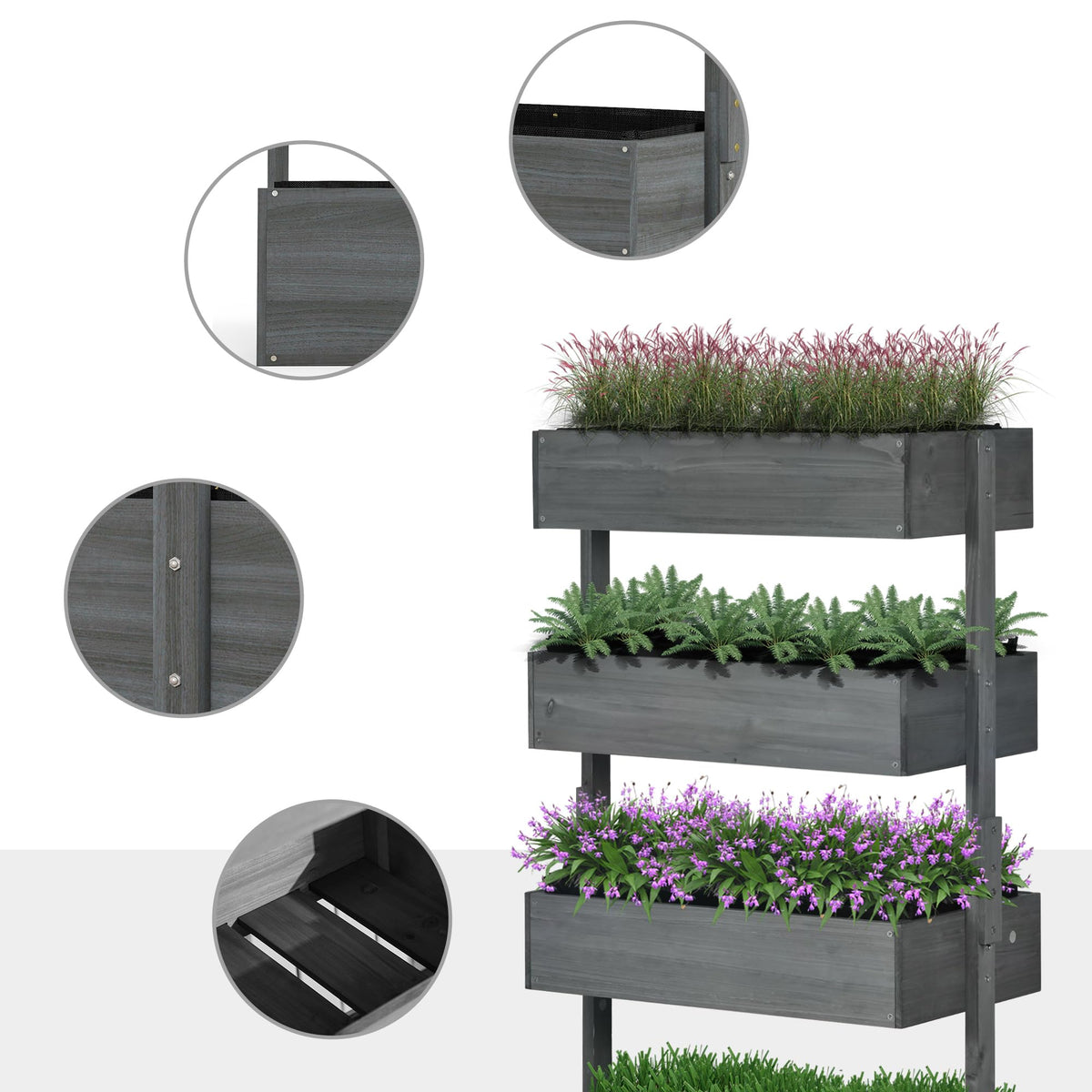 Outsunny Vertical 4 Tier Raised Garden Bed, Wooden Planter Box, Self-Draining with Bed Liner for Indoor Outdoor Flowers, Vegetables and Herbs, Gray