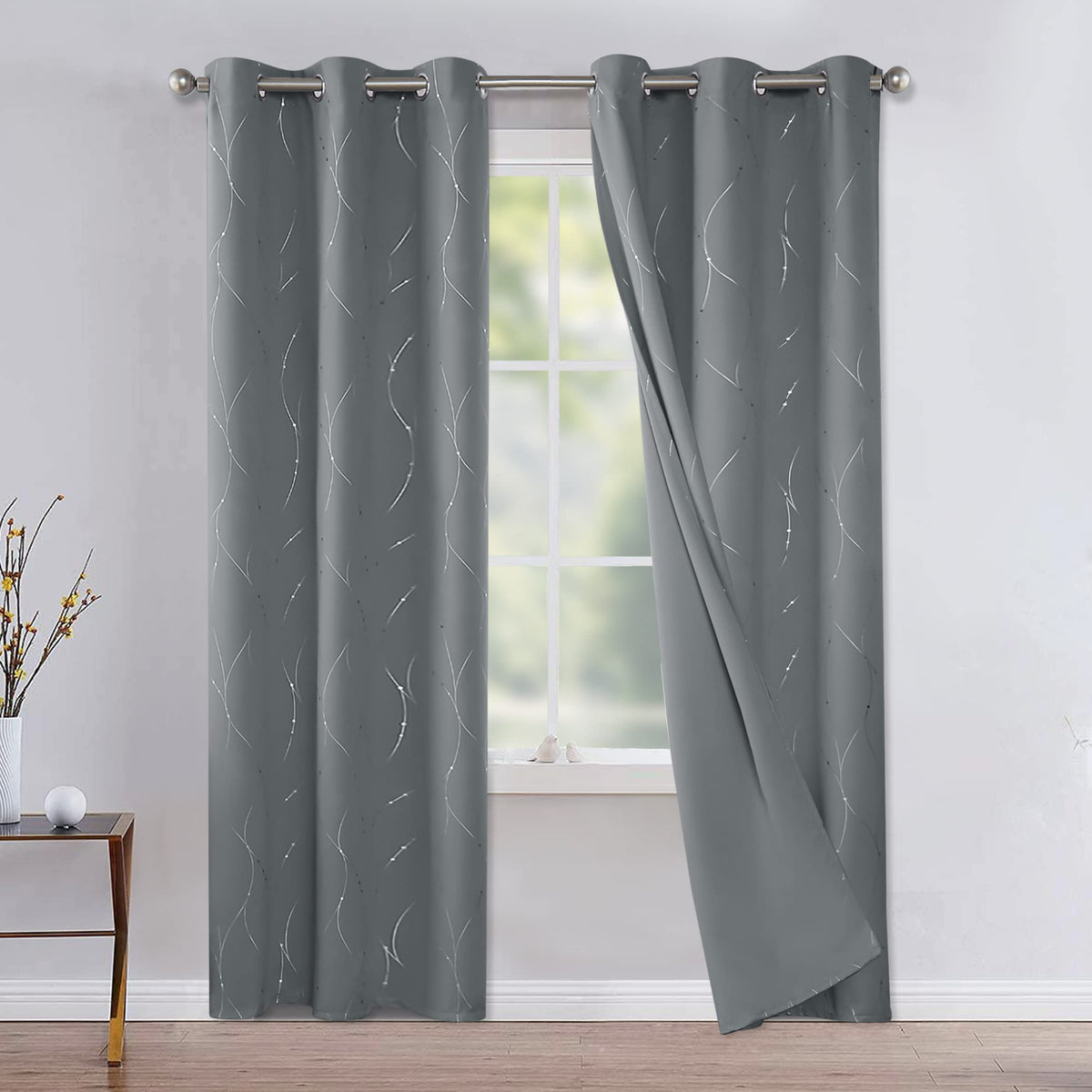 BUHUA Blackout Curtains for Bedroom 2 Panels Set, Grommet Thermal Insulated Room Darkening Window Curtains & Drapes with Wave Line and Dots Printed for Living Room, 38W x 84L Inch, Light Grey