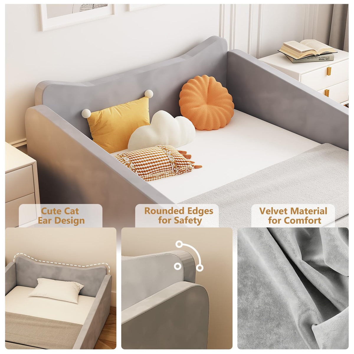 JOYMOR Toddler Bed, Floor Bed with Safety Guadrail, Montessori Toddler Bed with Animal Ear Shapes, Soft Velvet Wood Bed for Infant, Kids, Mattress not Included (Gray)