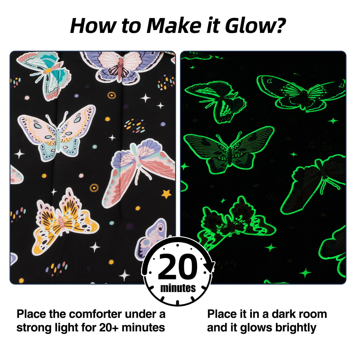 Meeting Story Glow in the Dark Girl Twin Butterfly Bedding Sets Zipper Bedding, 3 Pcs Zip Up Comforter Bed in a Bag with Fitted Sheet and 2 Pcs Pillowcases(Blackpurple,Twin)