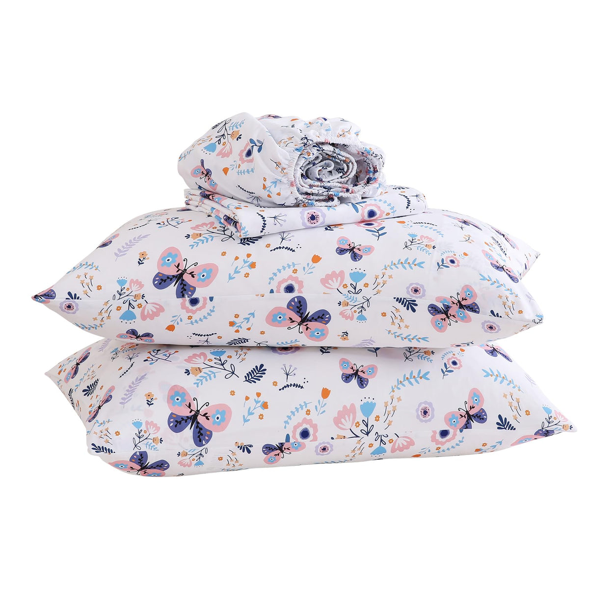 Yibeizi Butterfly Floral Sheet Set for Girls Full, Kids Boho Print Bedsheets Microfiber Deep Pocket Cute Patterned Bed Sheet & Pillowcase Sets 4 Pieces
