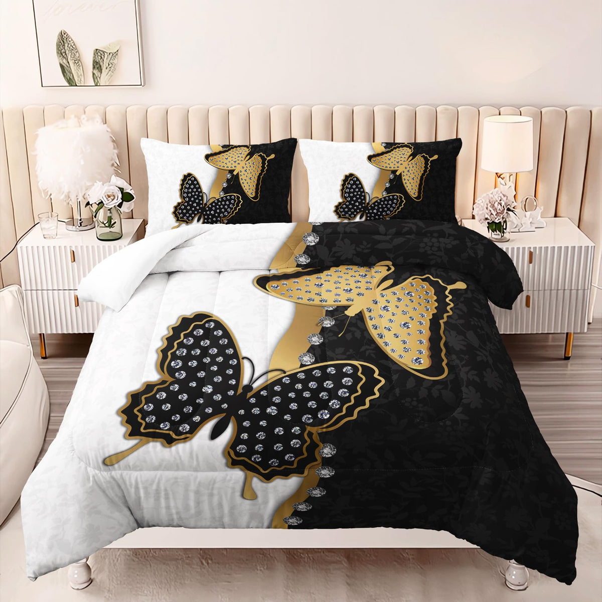 AILONEN Butterfly Comforter Set Full Size, Black Gold Butterfly Diamonds Pattern Bedding Set for Girls Adults,Luxury Black White Soft Lightweight Duvet Set 3 Pieces(1 Comforter + 2 Pillowcases)