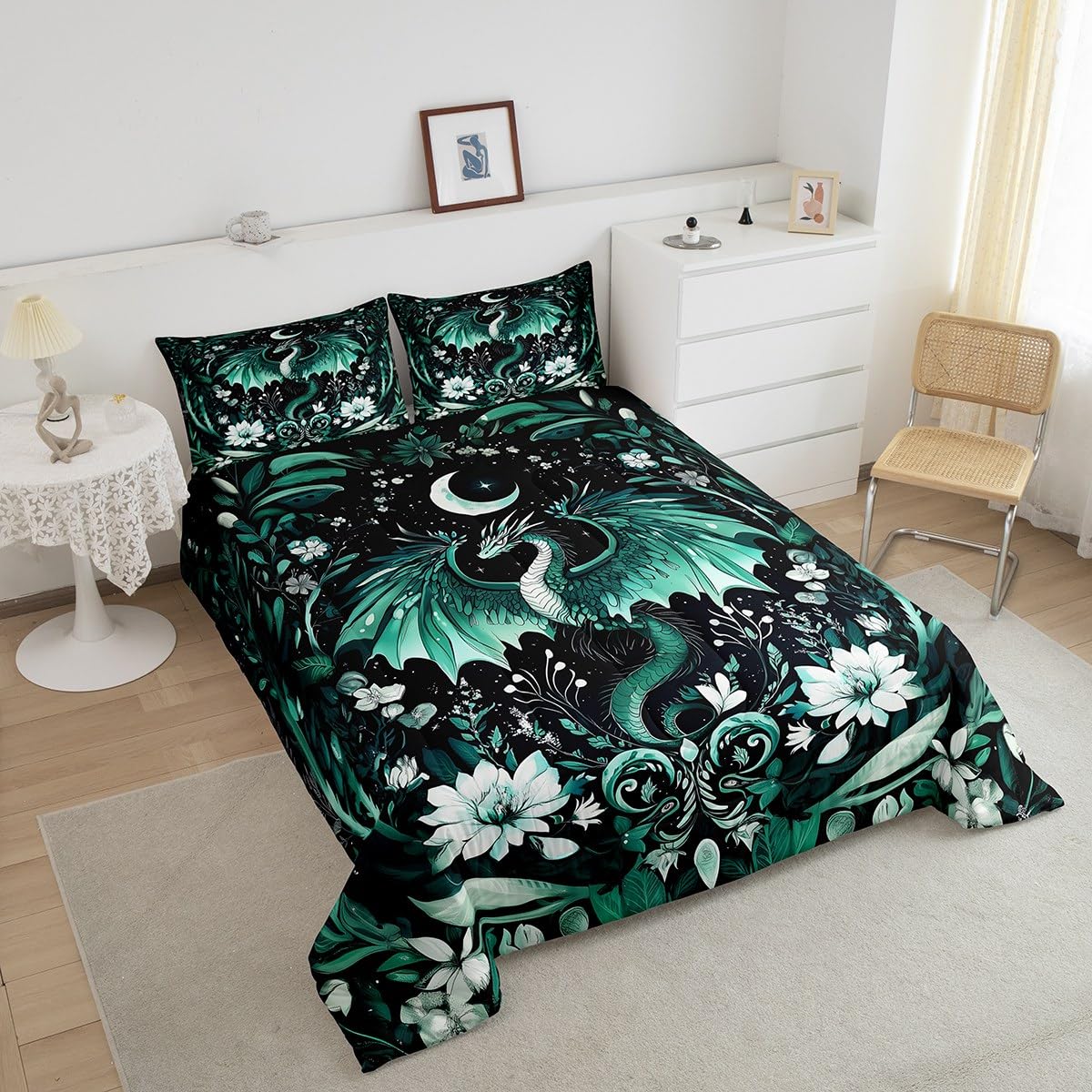 Feelyou Kids Dragon Comforter Set Full Size, Green Dragon Bedding Set Dragon Lovers Comforter for Kids Boys Girls Boho Duvet Insert Room Decor 3Pcs