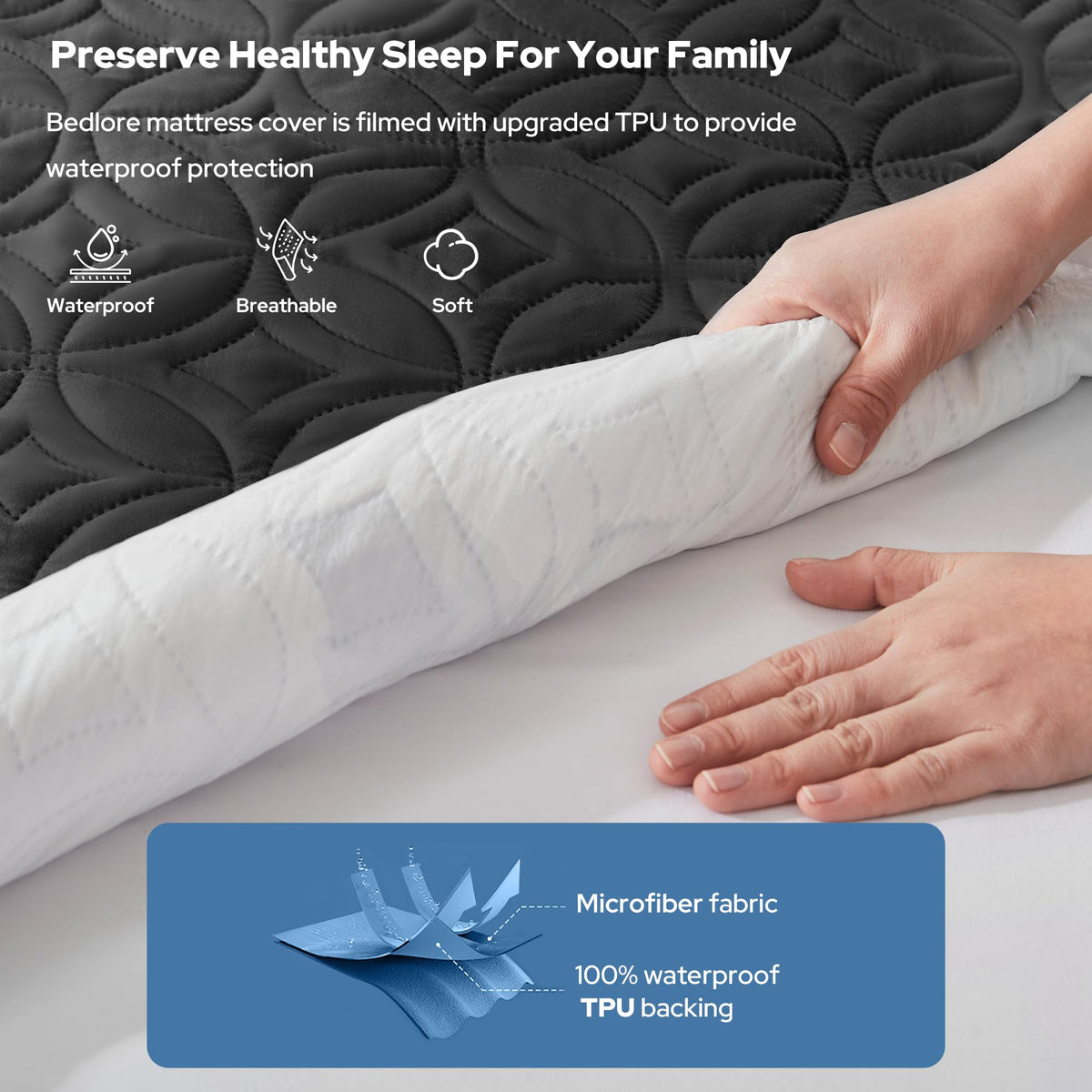 BEDLORE Waterproof Mattress Protector, Twin XL Size Mattress Pad with Deep Pocket 6"-15" Depth, Soft Breathable Dirt-Proof Bed Mattress Cover for Bedroom, College Dorm (Black)
