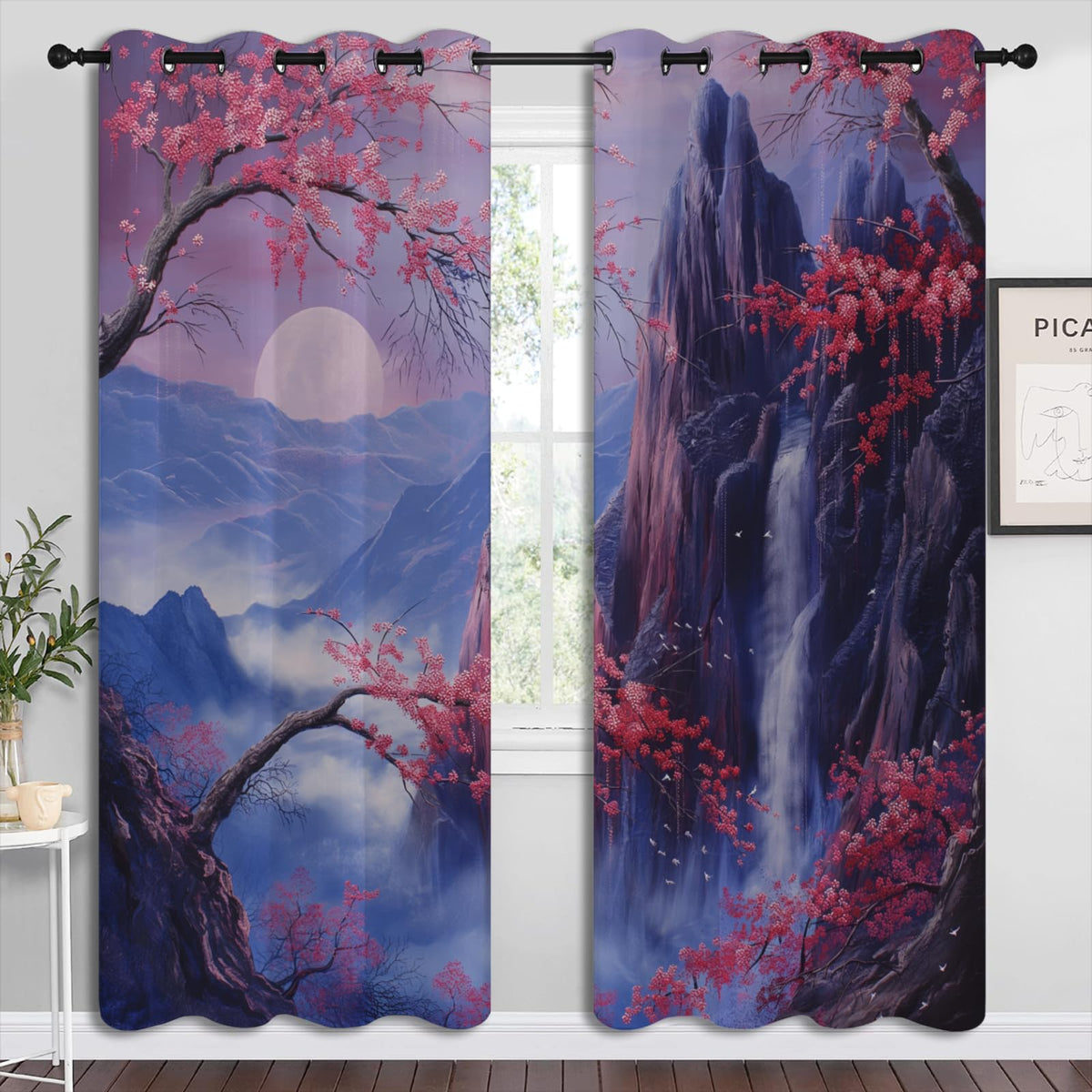Asian Blackout Curtains for Boys Girl Bedroom Home Decor,Japanese Anime Style Mountain Falls Red Plum Landscape Painting Thermal Insulated Grommet Darkening Living Room Window Drapes, 72 x 63 inch