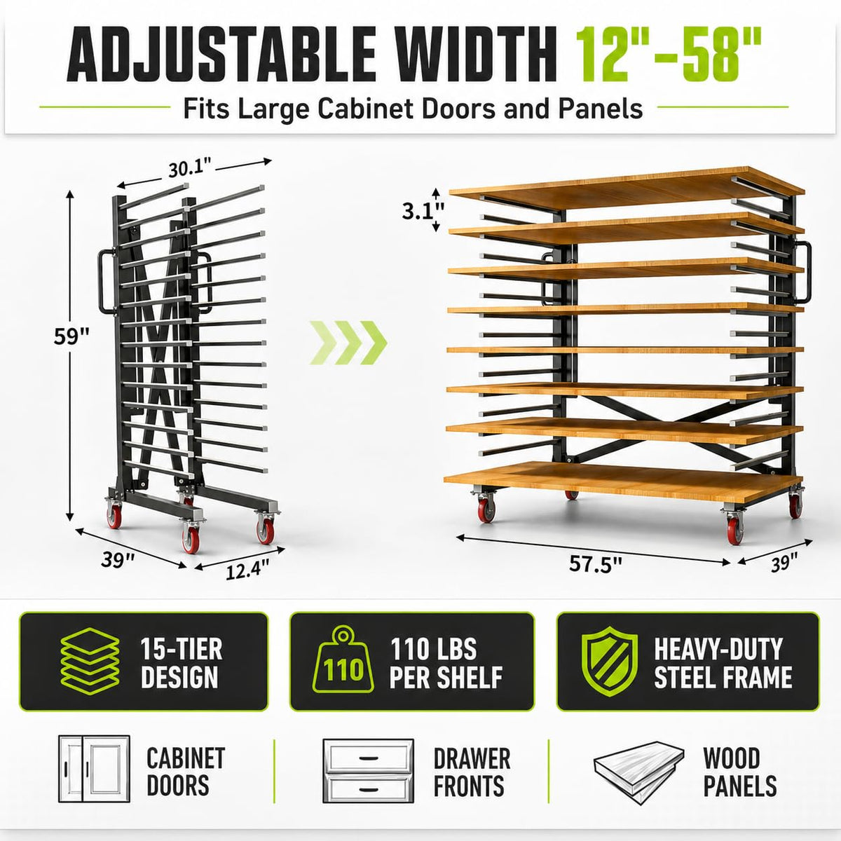 Vazcor Paint Drying Rack,15-Tier Heavy-Duty Steel Drying Painting Rack for Cabinet Doors, Adjustable Width 12 to 58 Inch,110 lbs Per Shelf,Black Drying Rack with Lockable Wheels for Paint Shops