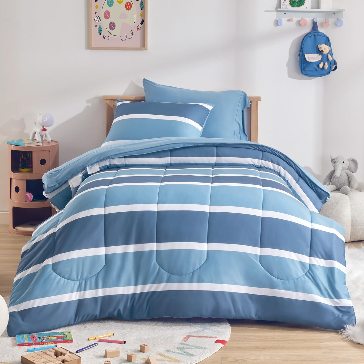 SLEEP ZONE Kids Comforter Set Full/Queen Size, Jersey Knit 7 Pieces Bedding, Super Soft and Breathable Comforter with Sheets, Pillowcases (Blue-Navy Stripe)