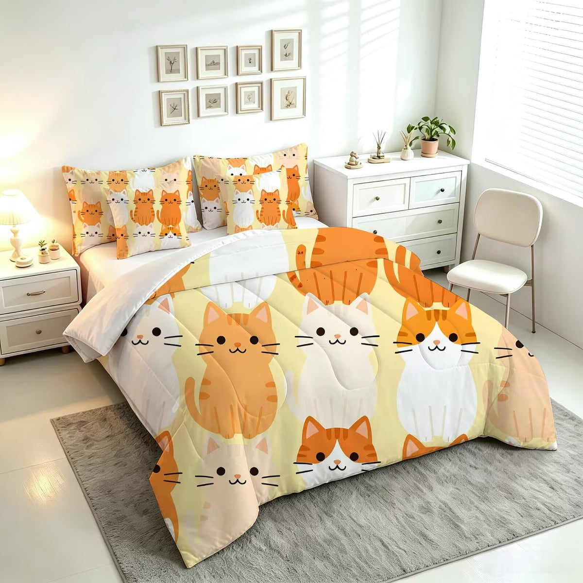 FUYEUN 7 Piece Cartoon Cute Cats Full Size Comforter Set for Girls Kids