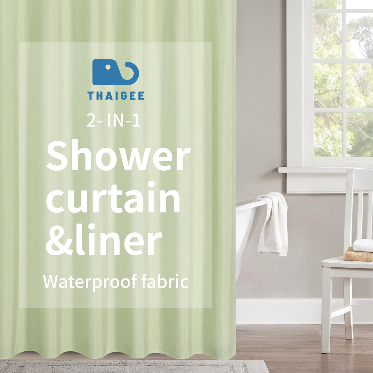 THAIGEE 2-in-1 Waterproof Long Fabric Shower Curtain,No Separate Liner Needed,Linen Textured,78 Inch Effortless Cleaning & Washable Bathroom Shower Curtain Set with 12 Plastic Hooks,72"x78",Green