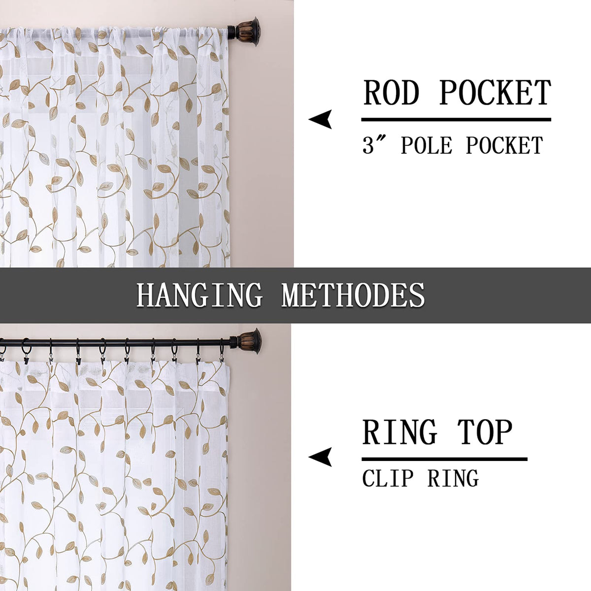 Tollpiz Leaves Sheer Curtains Taupe Leaf Embroidery Bedroom Curtain Rod Pocket Voile Faux Linen Embroidered Leaves Curtains for Living Room, 54 x 63 inches Long, Set of 2 Panels