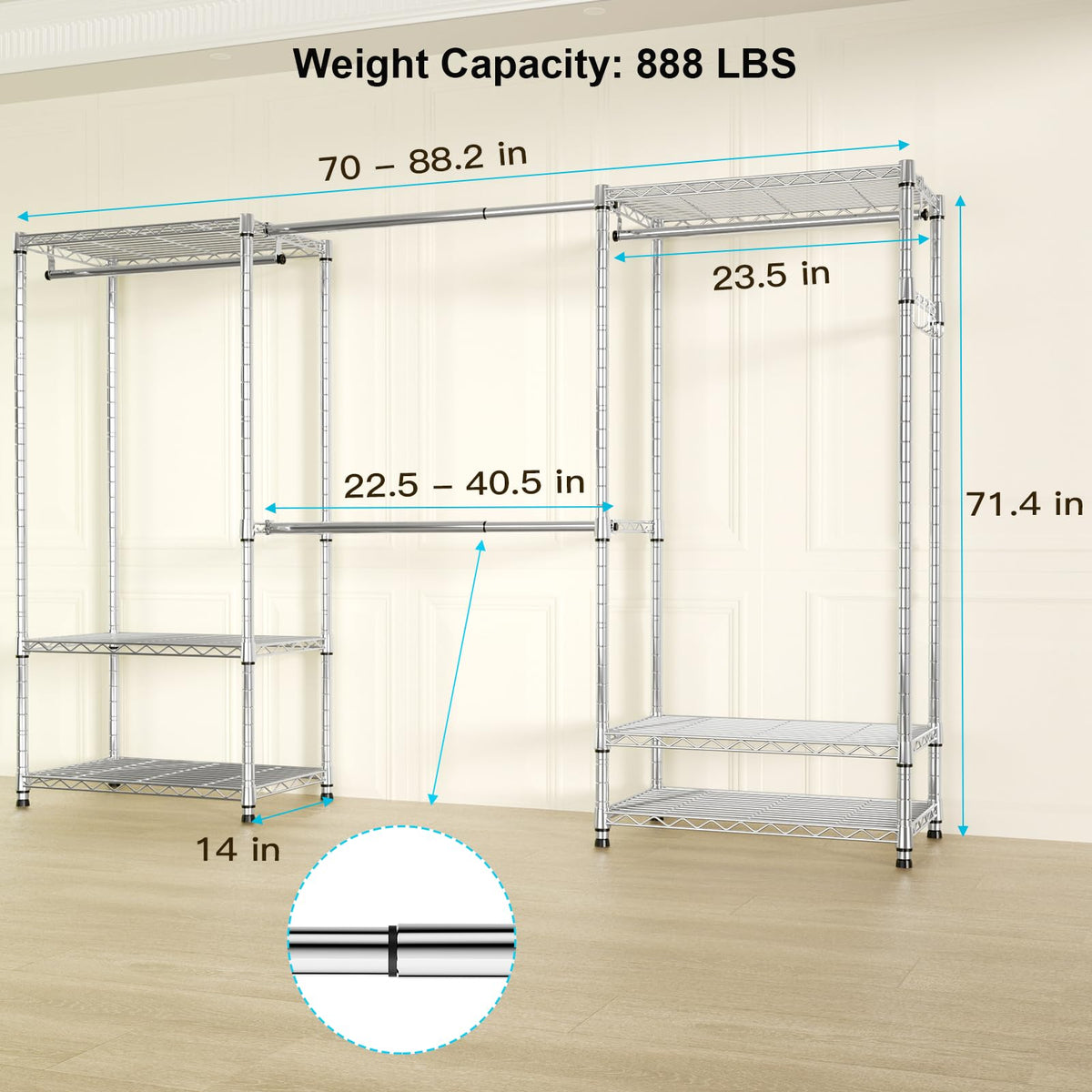 Ulif E1 Heavy Duty Closet Garment Rack, 6 Tiers Adjustable Metal Freestanding Expandable Clothing Storage with 4 Hanger Rods, Easy to Assemble Wardrobe, 71.4" H x (70" - 88.2") L x 14" D, Chrome
