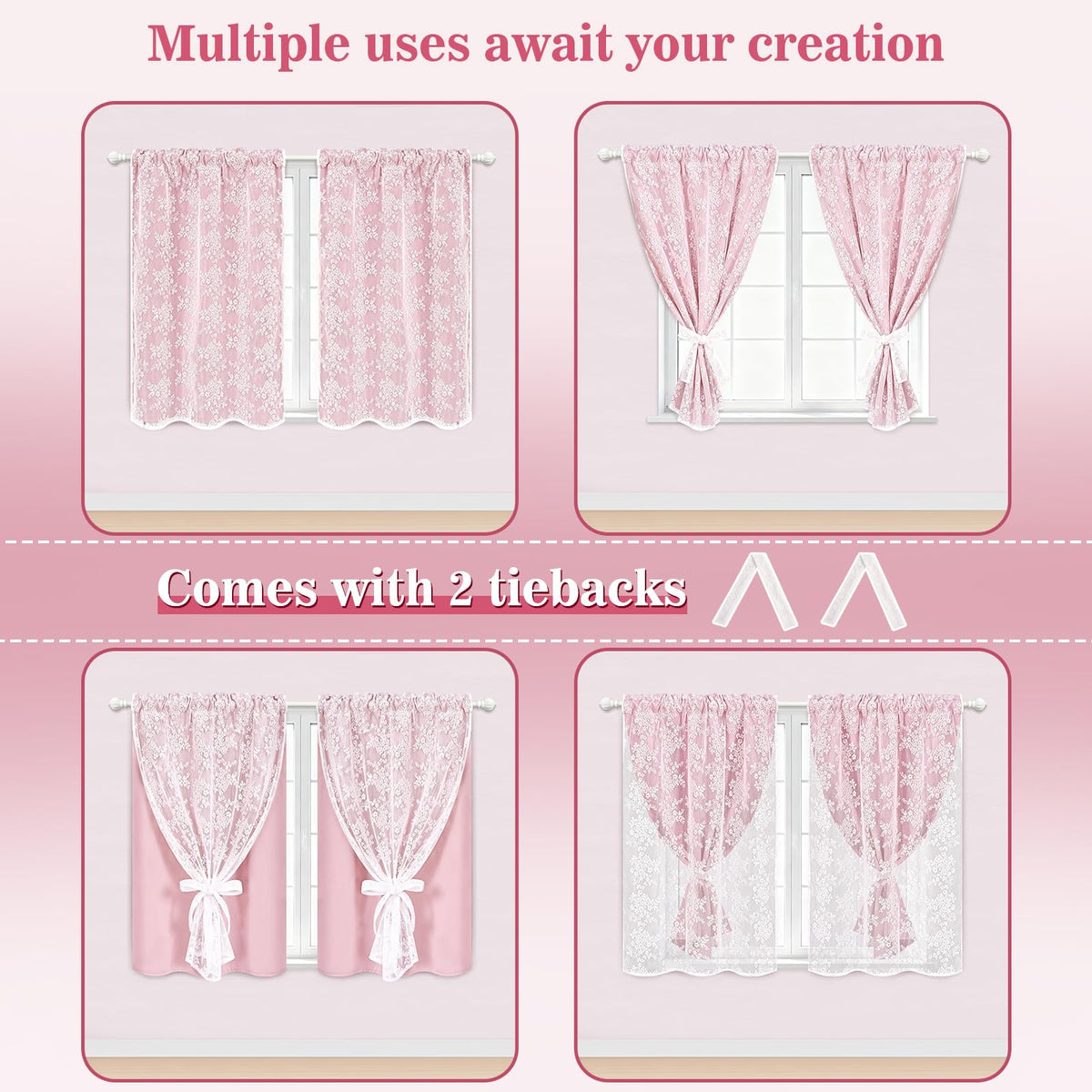 Yinhua Pink Kitchen Curtains 36 Inch Length Double Layer Blackout Cafe Curtains with Floral Sheer Overlay Rod Pocket Short Curtain for Windows, Small Window Curtain for Bathroom, Living Room, 2 Panels