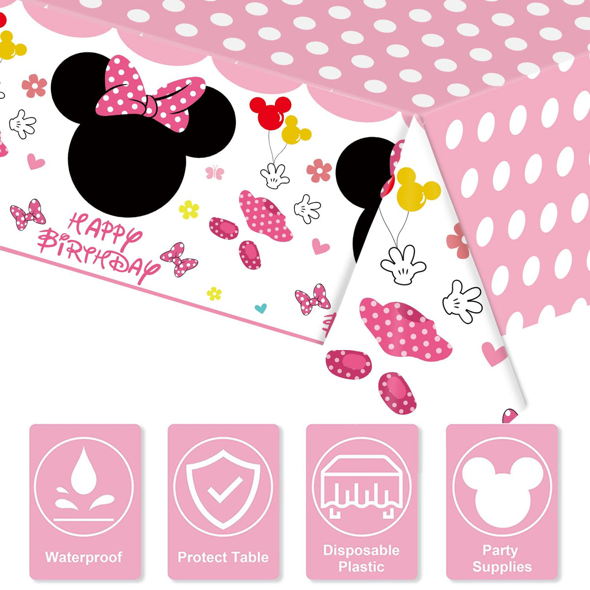 Nyhpar 3 Packs Pink Mouse Tablecloth, Pink Polka Dot Table Cloths Disposable Plastic Cartoon Table Covers for Girls 1st 2nd 3rd Party Decorations Supplies, 86.6 x 51.2in