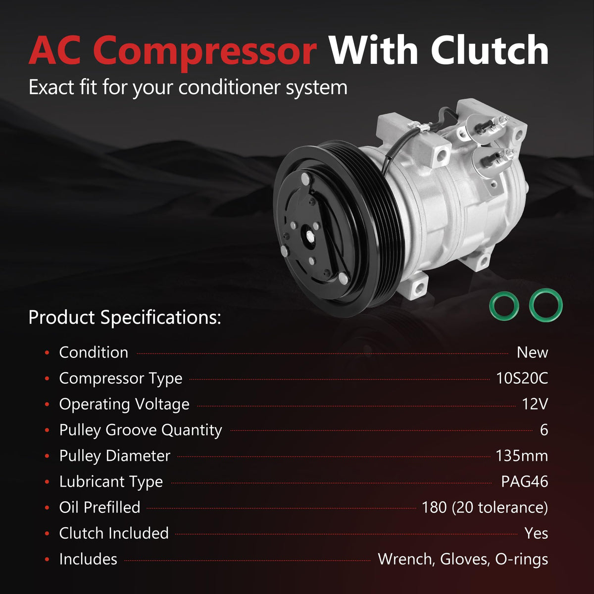 New Air Conditioner AC Compressor with Clutch Fit for 2005-2008 Honda Pilot, 2003-2007 Accord 3.0L, 2005-2007 Odyssey, 2006 Ridgeline, 2003-2006 Acura MDX 3.5L, 2004-2008 Acura TL 3.2L/3.5L #CO 10736C