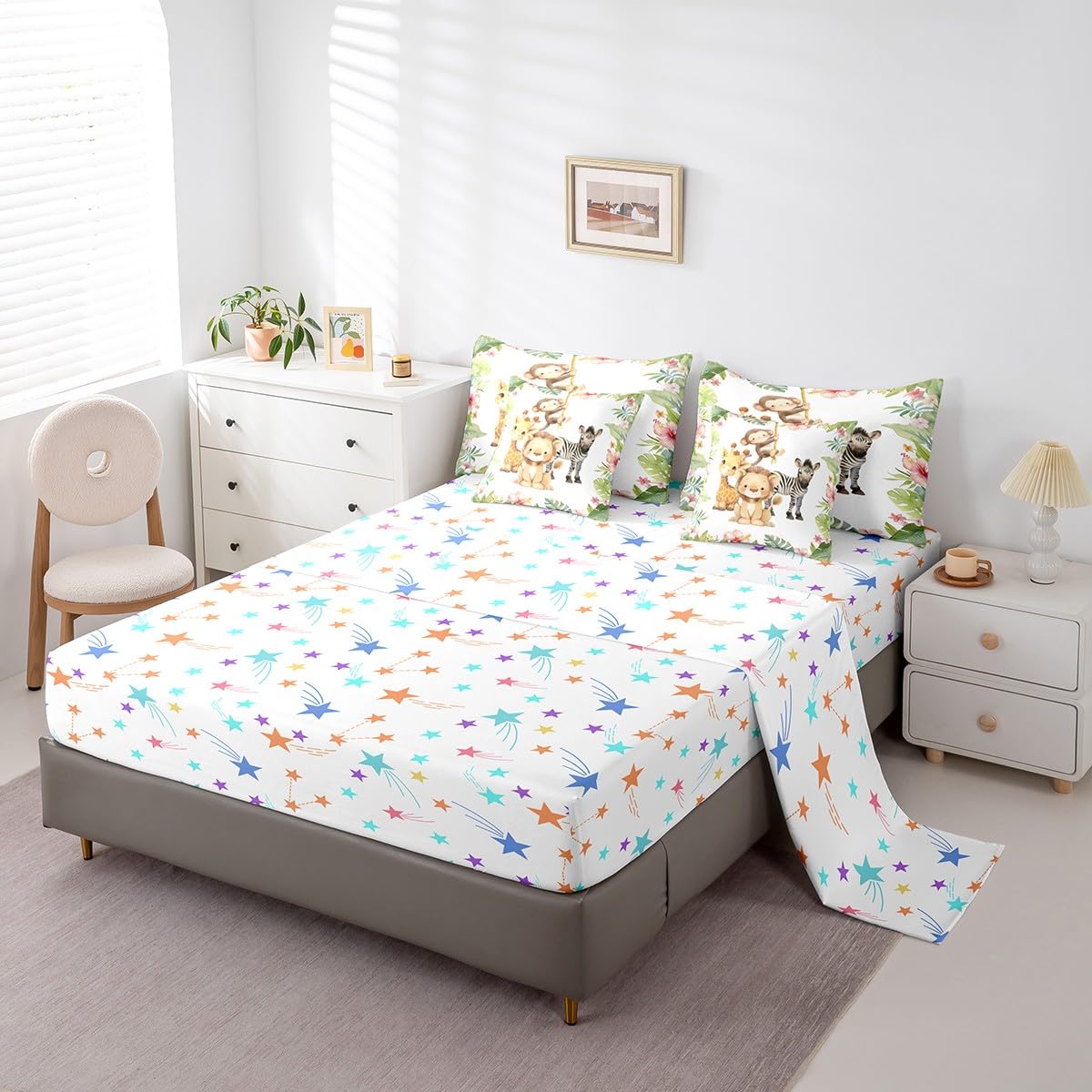 Erosebridal Lovely Cartoon Animal Twin Size Comforter Set with Sheets Teens - Cute Giraffe Lion 7-Piece Bedding Set Palm Leaves Pink Flowers Bed in a Bag Nursery Jungle Zebra Monkey Bed Quilt Sets